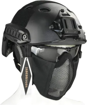 Jadedragon PJ Tactical Fast Helmet & Protect Ear Foldable Double Straps Half Face Mesh Mask & Goggle