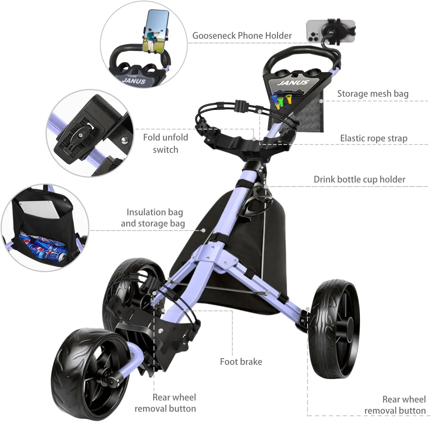 JANUS Golf Cart, Golf Bag cart, Foldable Golf Push cart,Golf Pull cart,3 Wheel Golf Push carts，with Gooseneck Phone Holder