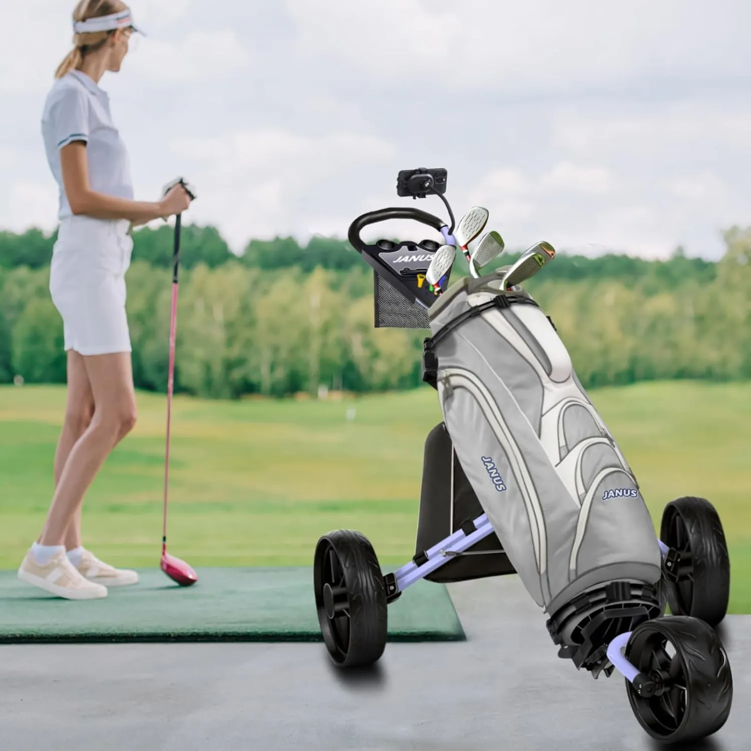 JANUS Golf Cart, Golf Bag cart, Foldable Golf Push cart,Golf Pull cart,3 Wheel Golf Push carts，with Gooseneck Phone Holder