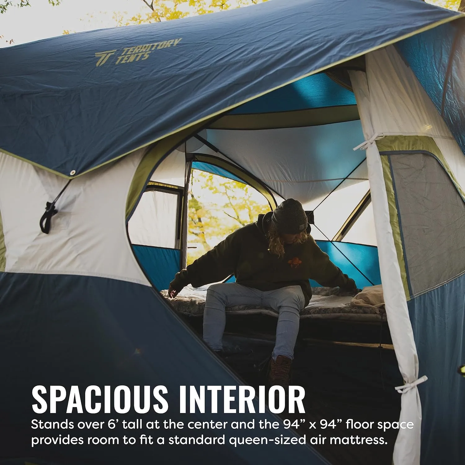 Jet Set Hub Camping Tent, Easy 90 Second Set-Up, Waterproof, UV Resistant, Ample Storage Options, Deep Blue