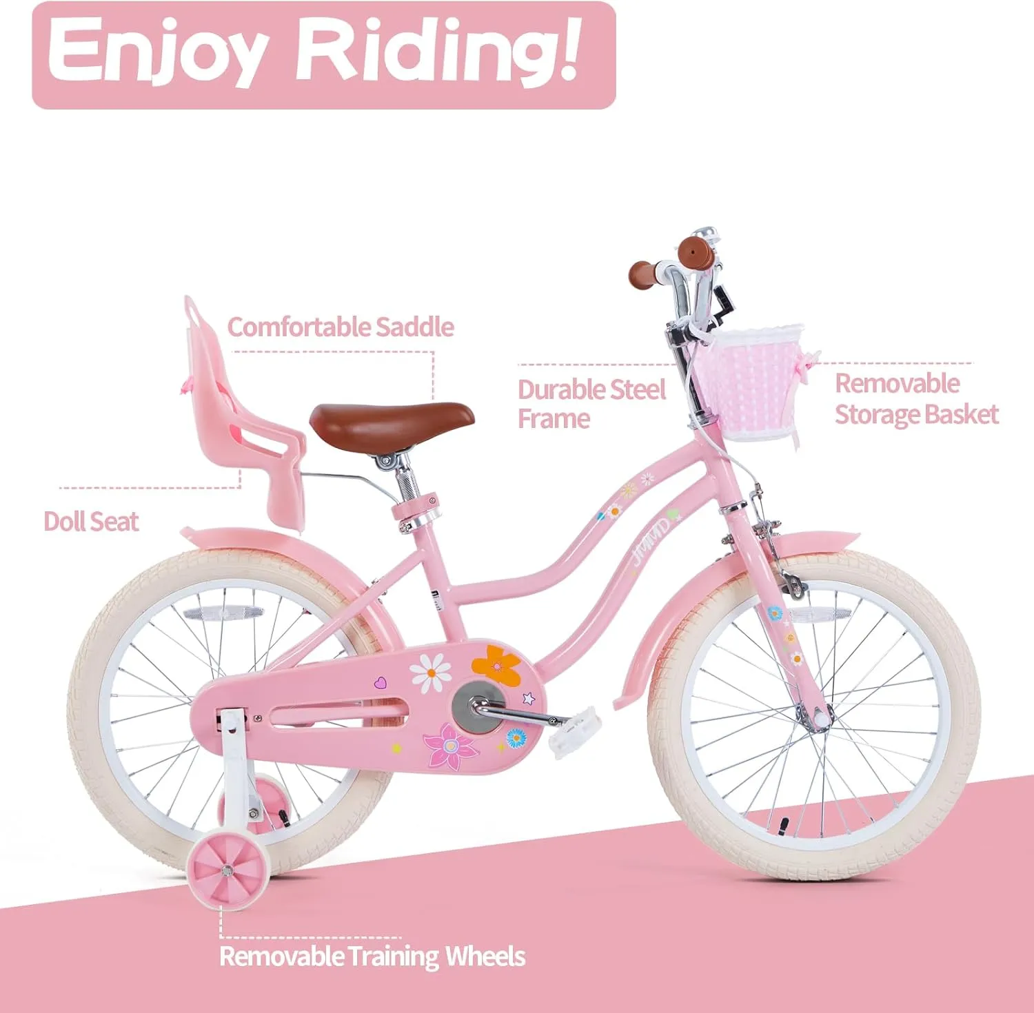 JMMD Girls Bike for 4-12 Years Old Kids, 12 14 16 18 20 24 Kids Bike with Training Wheels, Basket and Doll Seat, Toddler Girls Bicycles with Handbrake & Kickstand, Multiple Colors