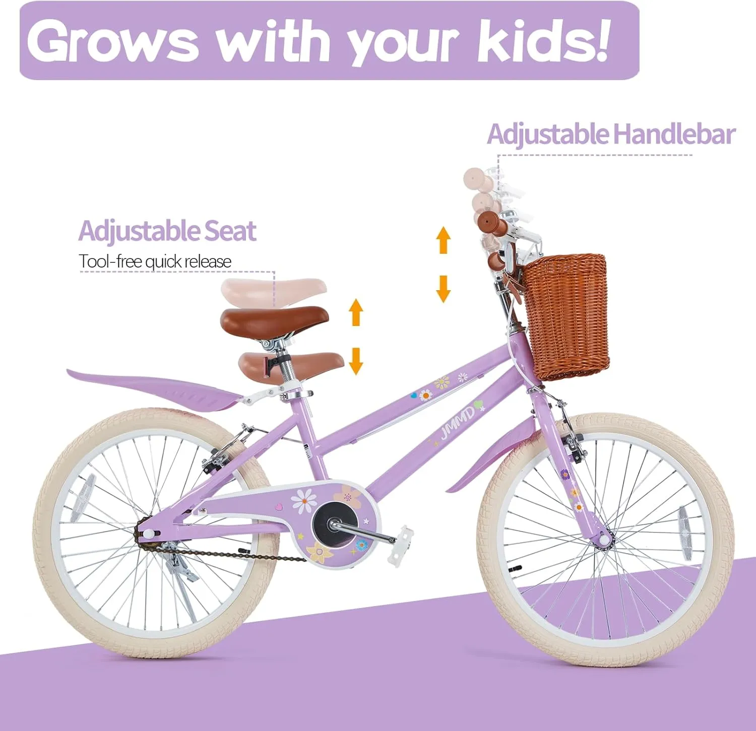 JMMD Girls Bike for 4-12 Years Old Kids, 12 14 16 18 20 24 Kids Bike with Training Wheels, Basket and Doll Seat, Toddler Girls Bicycles with Handbrake & Kickstand, Multiple Colors