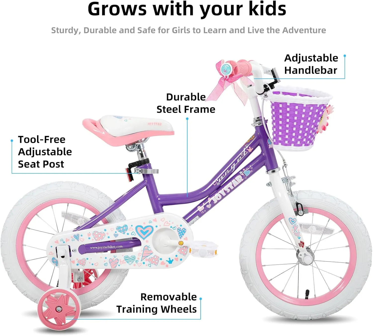 JOYSTAR Angel Girls Bike for Toddlers and Kids Ages 2-13 Years Old, 12 14 16 18 20 Inch Kids Bike with Training Wheels & Basket, 20 24 Inch Girls Bicycle with Handbrake & Kickstand