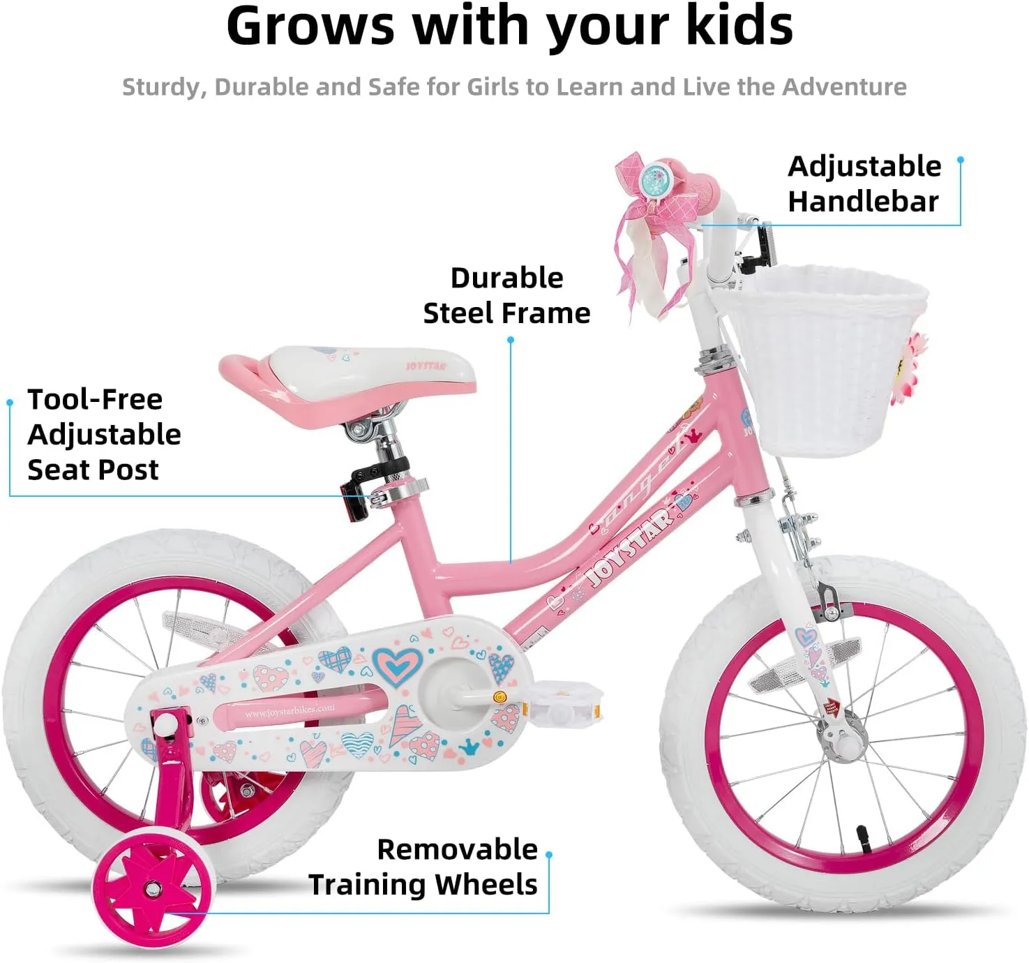 JOYSTAR Angel Girls Bike for Toddlers and Kids Ages 2-13 Years Old, 12 14 16 18 20 Inch Kids Bike with Training Wheels & Basket, 20 24 Inch Girls Bicycle with Handbrake & Kickstand