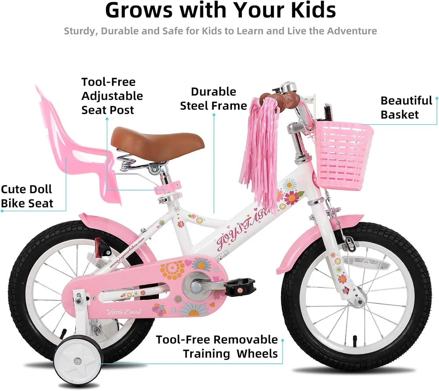 JOYSTAR Little Daisy Kids Bike for Girls Boys Ages 2-7 Years, 12 14 16 Inch Girls Bikes with Doll Bike Seat & Streamers, Boys Bike with Flag & Number Plate, Multiple Colors