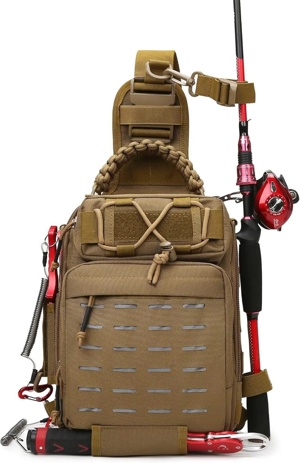 kefit Fishing Backpack with Rod Holder, Lightweight Fishing Tackle Backpack, Sling Fishing Bag - Brown
