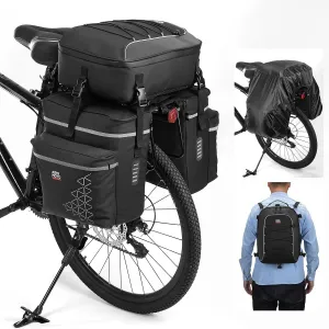KEMIMOTO Bicycle Panniers Combo 3-in-1, Bike Saddle Grocery Bag with Waterproof Rain Cover, 52L Large Capacity Storage Cargo Cycling Backpack, Mountain Road E-bike Trunk Bag, Black