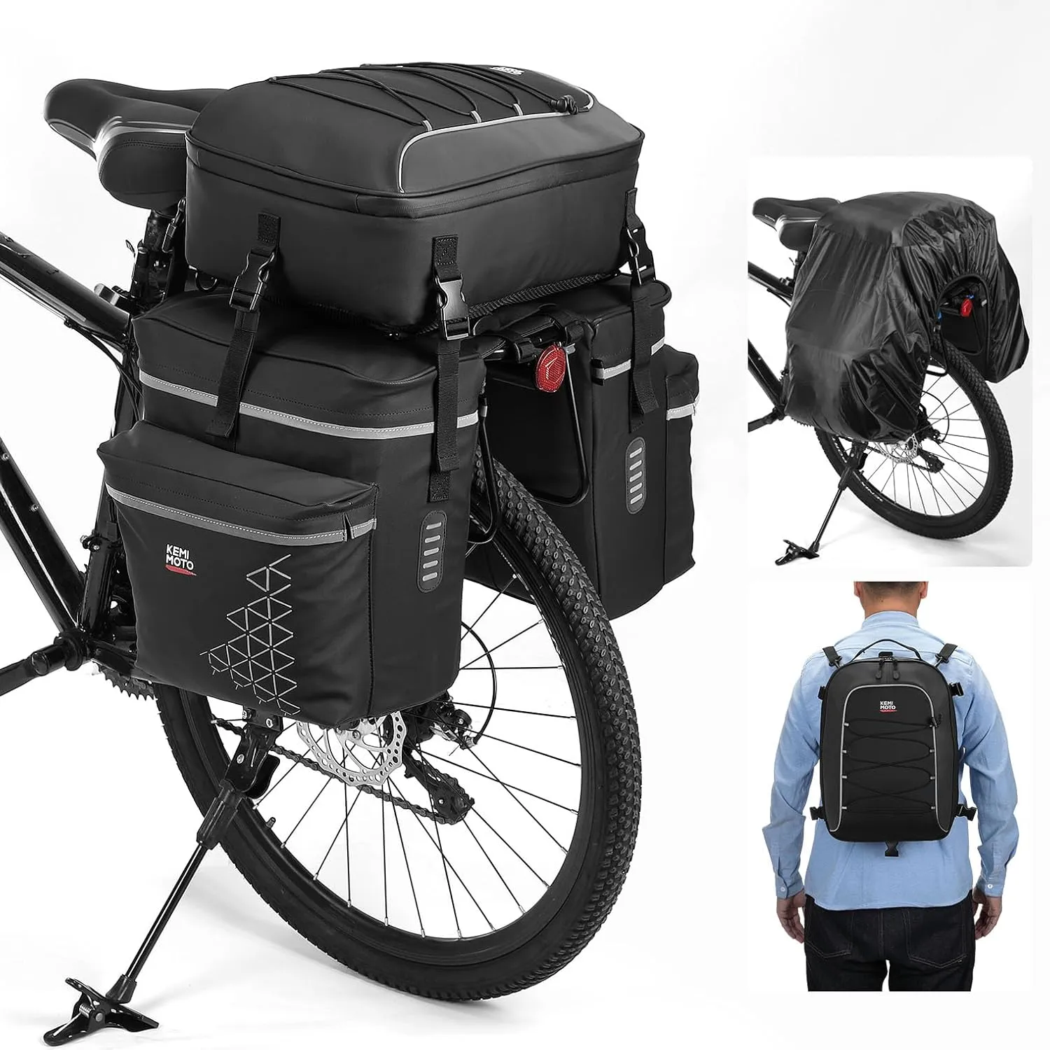 KEMIMOTO Bicycle Panniers Combo 3-in-1, Bike Saddle Grocery Bag with Waterproof Rain Cover, 52L Large Capacity Storage Cargo Cycling Backpack, Mountain Road E-bike Trunk Bag, Black