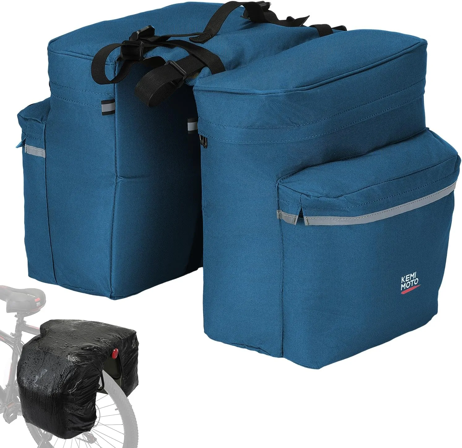 KEMIMOTO Bike Bag Panniers with Rain Cover, 34L Waterproof Bicycle Ebike Saddle Bag Mountain Cycling Trunk with Reflective for Commuter Travel Grocery Carrier Accessories, Blue