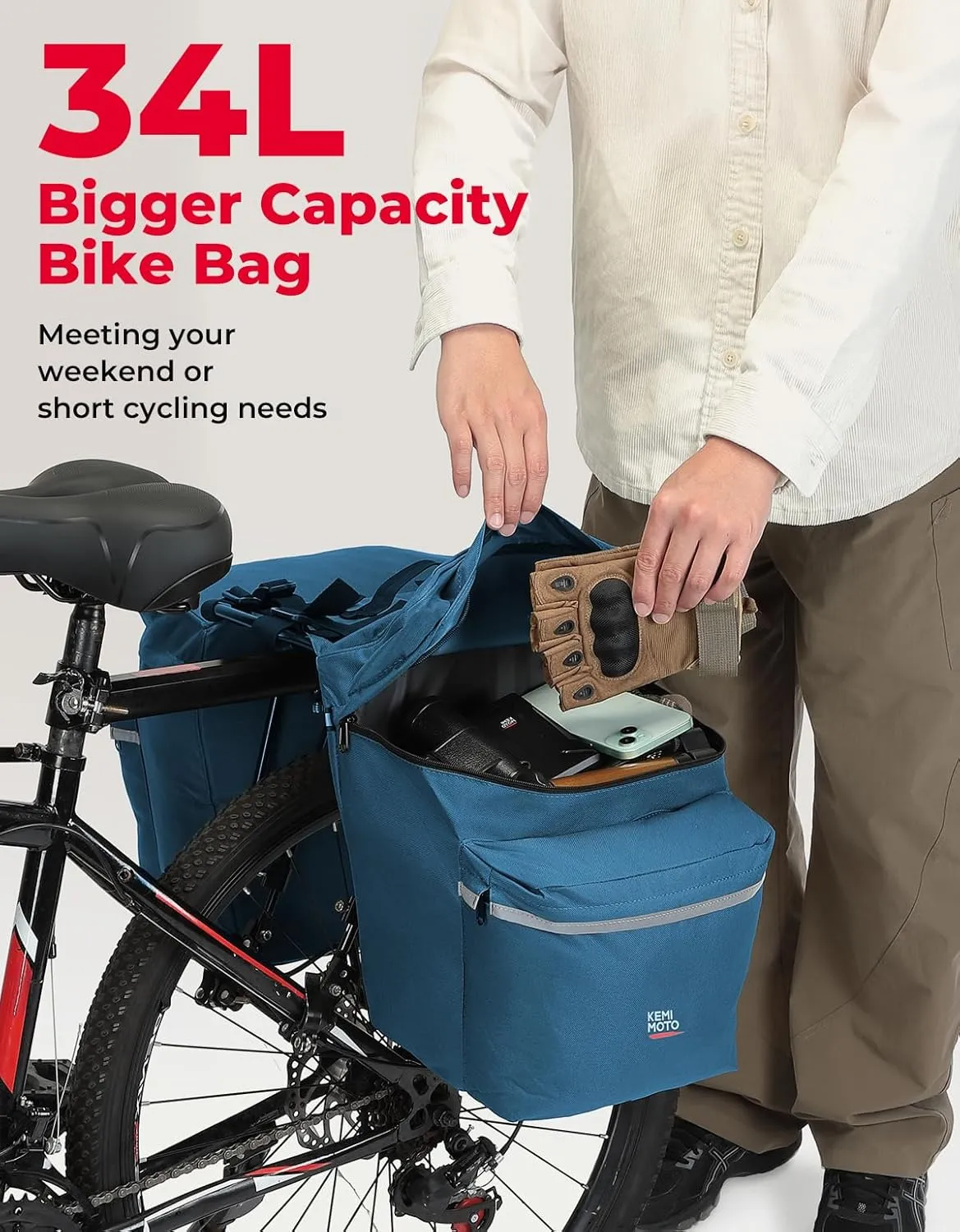KEMIMOTO Bike Bag Panniers with Rain Cover, 34L Waterproof Bicycle Ebike Saddle Bag Mountain Cycling Trunk with Reflective for Commuter Travel Grocery Carrier Accessories, Blue