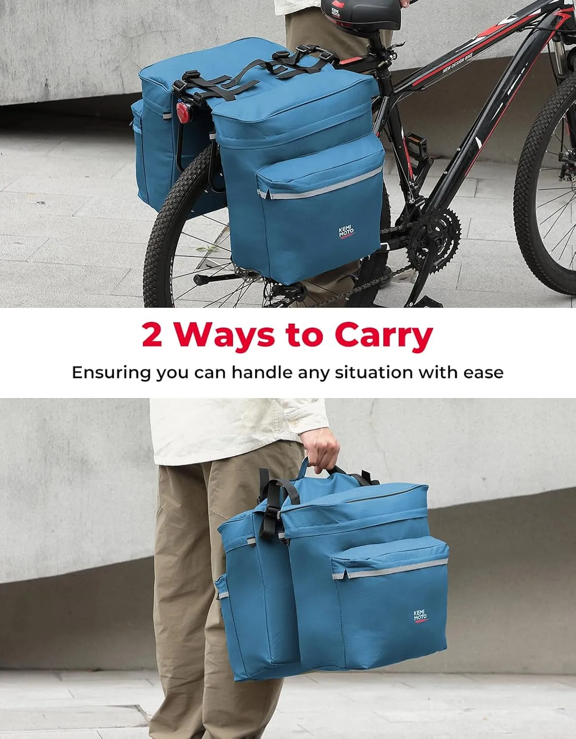 KEMIMOTO Bike Bag Panniers with Rain Cover, 34L Waterproof Bicycle Ebike Saddle Bag Mountain Cycling Trunk with Reflective for Commuter Travel Grocery Carrier Accessories, Blue