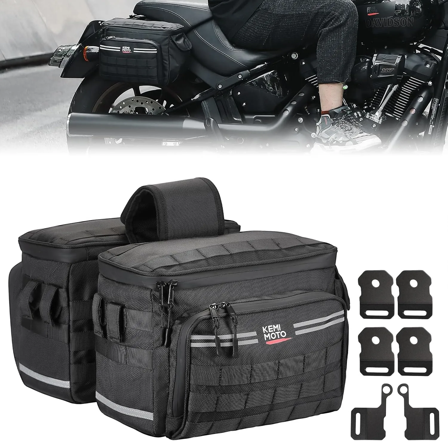 KEMIMOTO Motorcycle SaddleBags 15L with Brackets Throw Over Saddle bags Compatible with Softail Dyna Sportster Cruiser Black