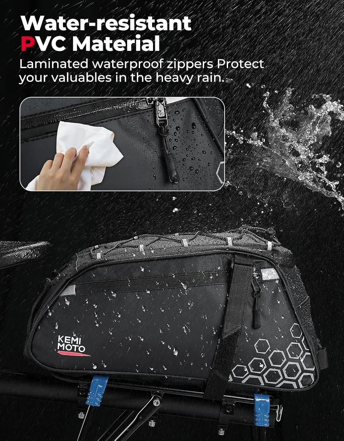 KEMIMOTO Rear Bike Rack Bag, 13L Water-resistant Trunk Bag 3-IN-1, Zippered Bicycle Backpack Shoulder Pannier Saddle Bag for Ebikes Cycling Commuting Travel Outdoor Camping