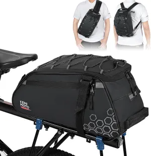 KEMIMOTO Rear Bike Rack Bag, 13L Water-resistant Trunk Bag 3-IN-1, Zippered Bicycle Backpack Shoulder Pannier Saddle Bag for Ebikes Cycling Commuting Travel Outdoor Camping