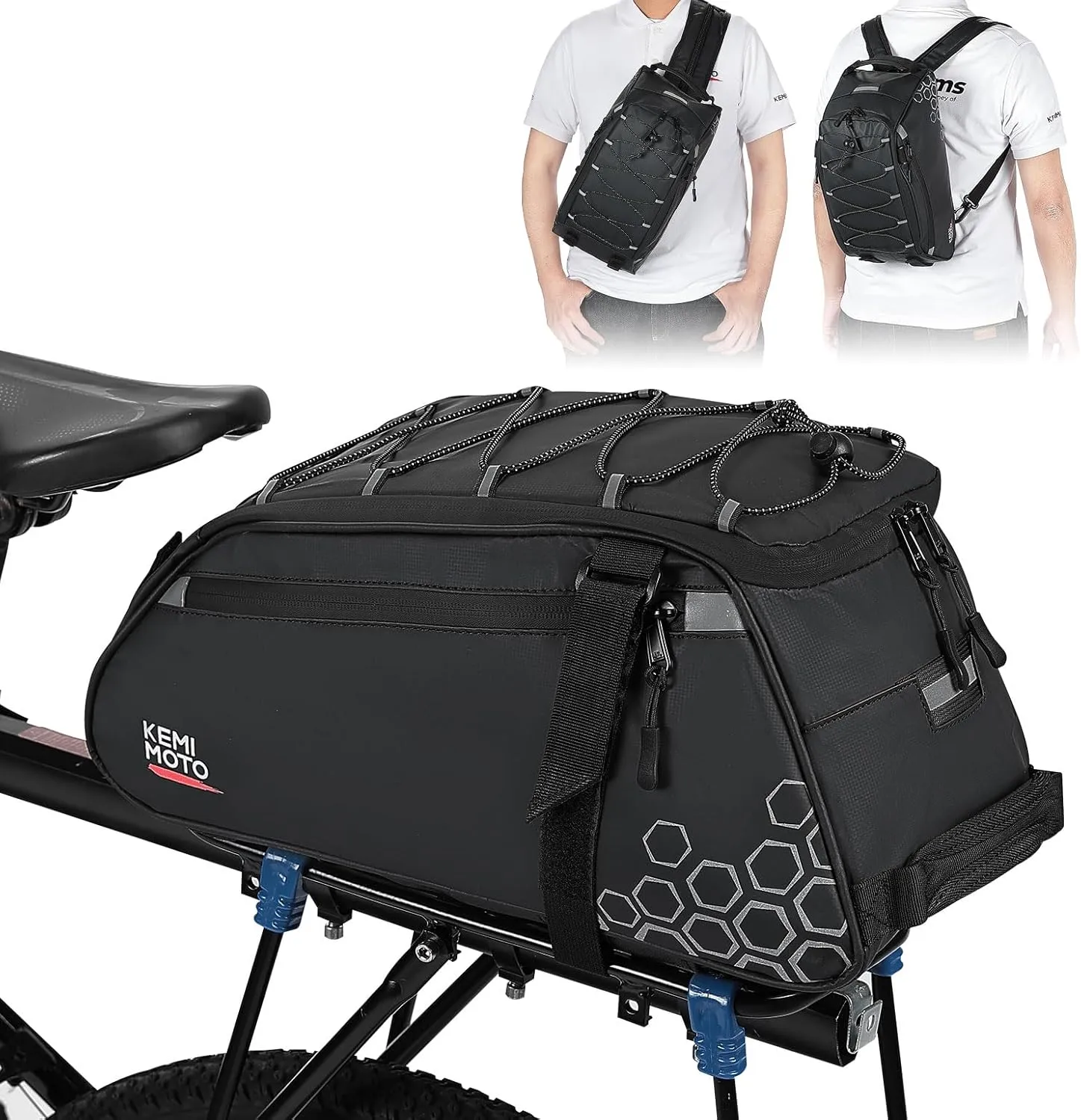 KEMIMOTO Rear Bike Rack Bag, 13L Water-resistant Trunk Bag 3-IN-1, Zippered Bicycle Backpack Shoulder Pannier Saddle Bag for Ebikes Cycling Commuting Travel Outdoor Camping