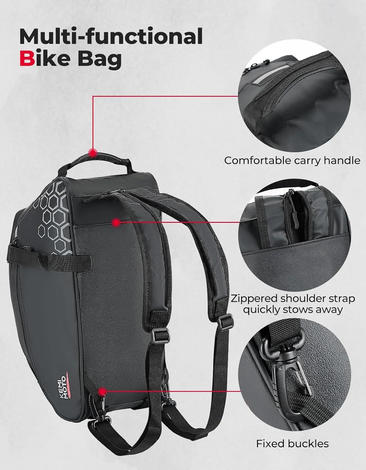 KEMIMOTO Rear Bike Rack Bag, 13L Water-resistant Trunk Bag 3-IN-1, Zippered Bicycle Backpack Shoulder Pannier Saddle Bag for Ebikes Cycling Commuting Travel Outdoor Camping