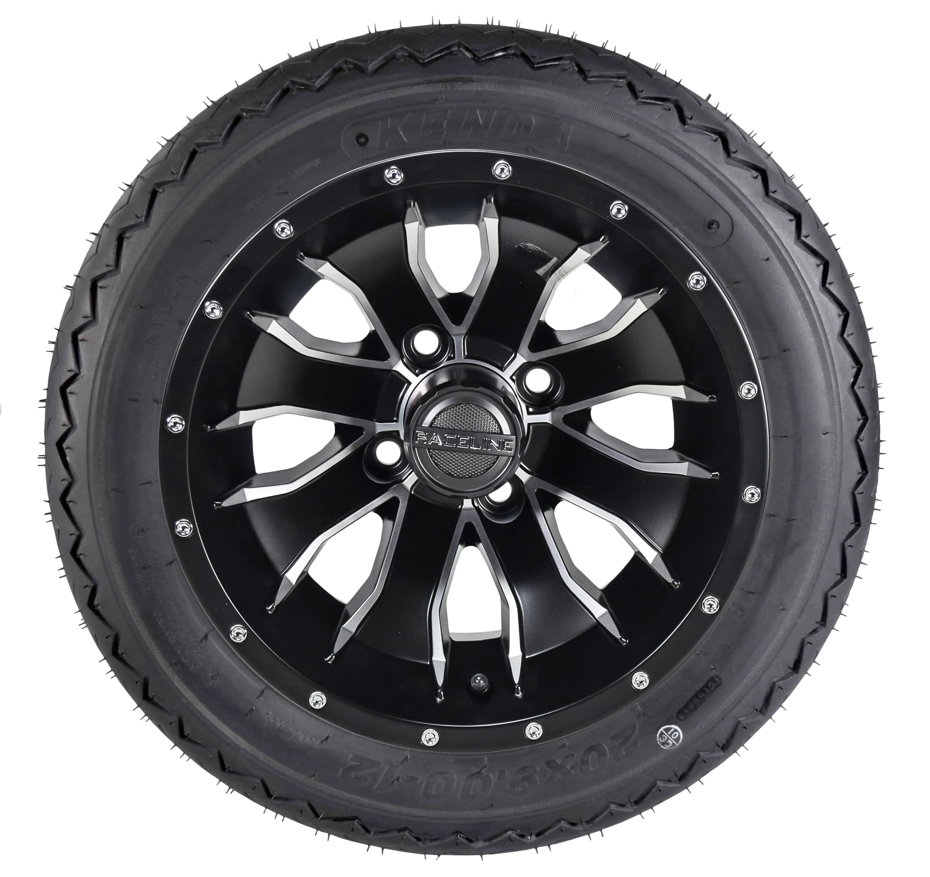 Kenda K389 20x9-12 Golf Cart Turf Front Rear Tire & 12x7 4/101.6 -47 (4x4) Black Wheel Kit for Non-Lifted Golf Carts or Golf Carts with 1"-3" Lift Kit 20x9x12