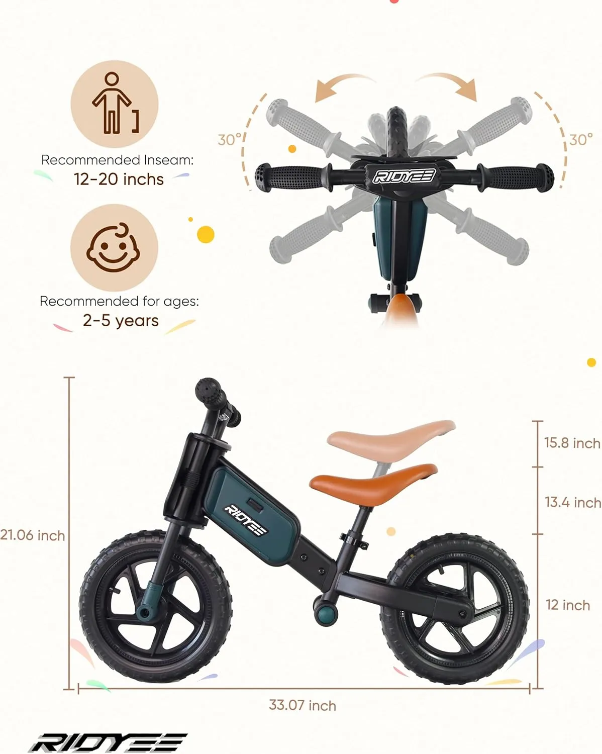 Kids Balance Bike 2 Year Old, Toddler Balance Bikes for 2 to 5 Year with Adjustable Shock-Absorbing Seat, Balance Bike 3 Year Old, DIY Stickers, Handlebar Pad, Limited Steering