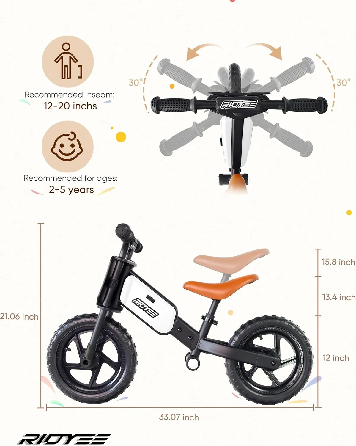 Kids Balance Bike 2 Year Old, Toddler Balance Bikes for 2 to 5 Year with Adjustable Shock-Absorbing Seat, Balance Bike 3 Year Old, DIY Stickers, Handlebar Pad, Limited Steering