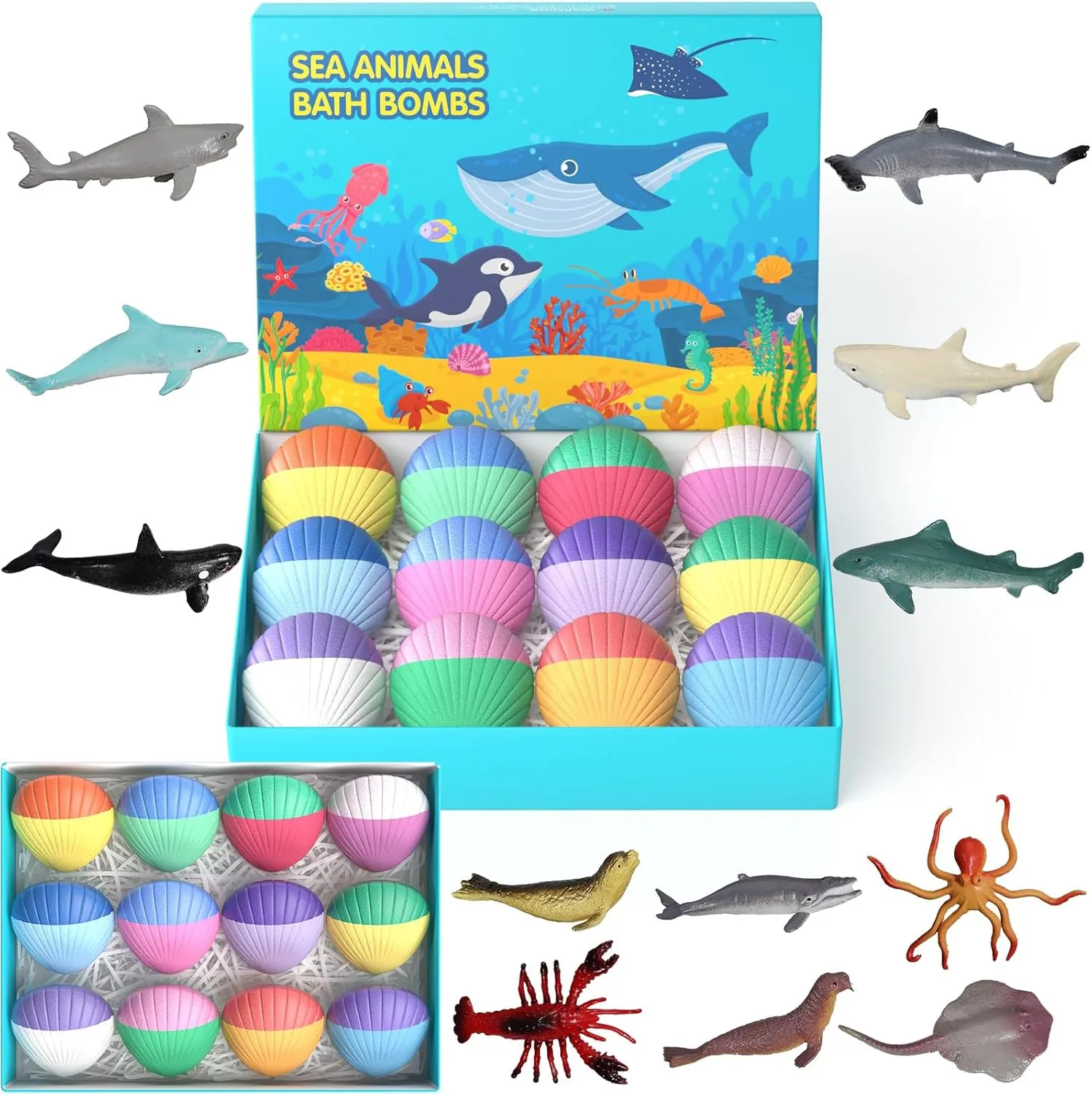 Kids Bath Bombs with Surprise Toys Inside, 12 Pack Shell Organic Bath Bombs for Kids with Ocean Sea Animals for Girls Boys Toddlers, Marine Shark Bath Bomb Gift for Easter Birthday Bubble Bath