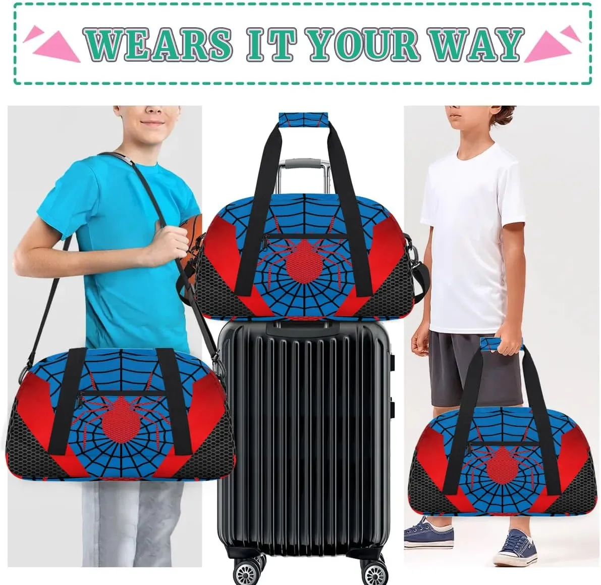 Kids Overnighter Blue Duffel Bags for Boys Girls, Carry-On Size Sports Gym Bag for School Practice or Overnight Travel Weekender Sleepover Workout Tote Bag