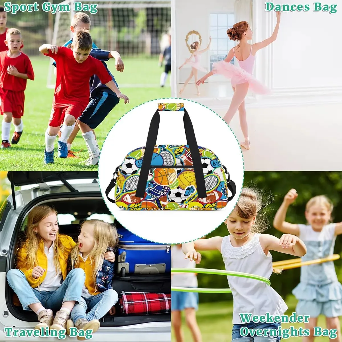 Kids Overnighter Duffel Bags for Boys Girls, Carry-On Size Sports Gym Bag for School Practice or Overnight Travel Weekender Sleepover Workout Tote Bag, Basketball Football