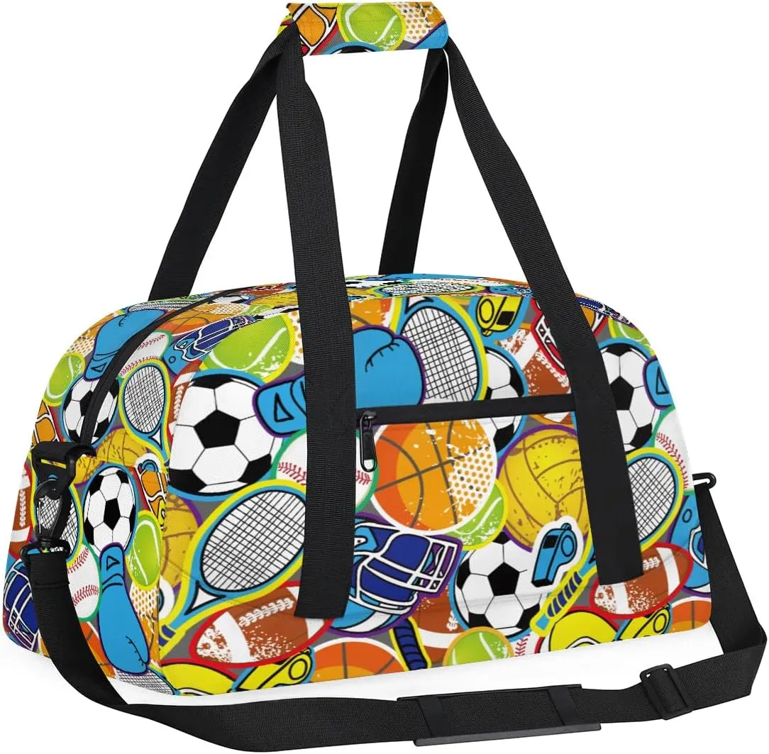 Kids Overnighter Duffel Bags for Boys Girls, Carry-On Size Sports Gym Bag for School Practice or Overnight Travel Weekender Sleepover Workout Tote Bag, Basketball Football