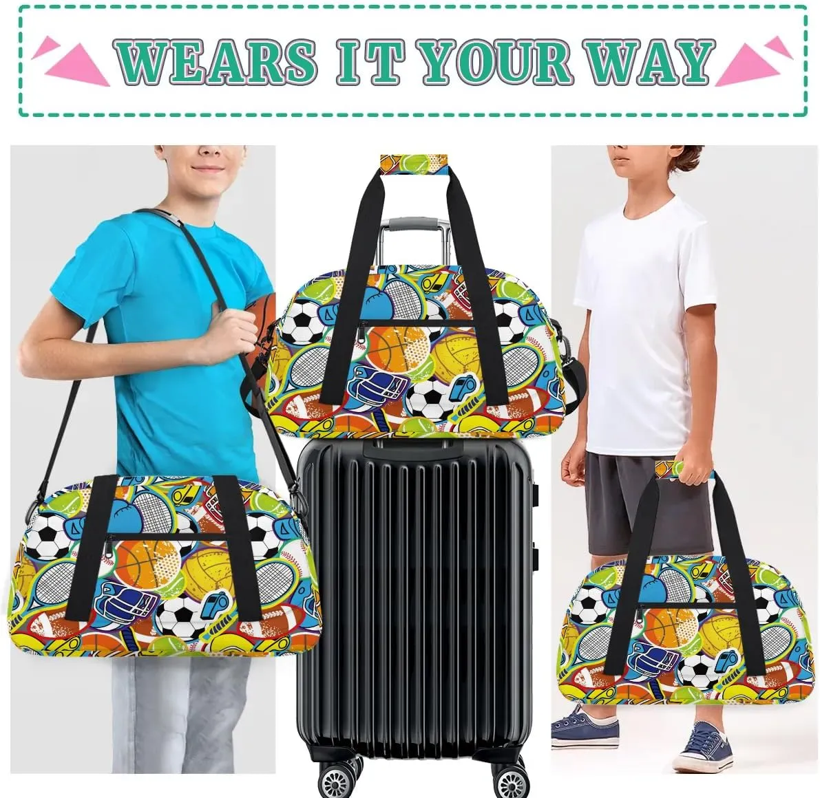 Kids Overnighter Duffel Bags for Boys Girls, Carry-On Size Sports Gym Bag for School Practice or Overnight Travel Weekender Sleepover Workout Tote Bag, Basketball Football