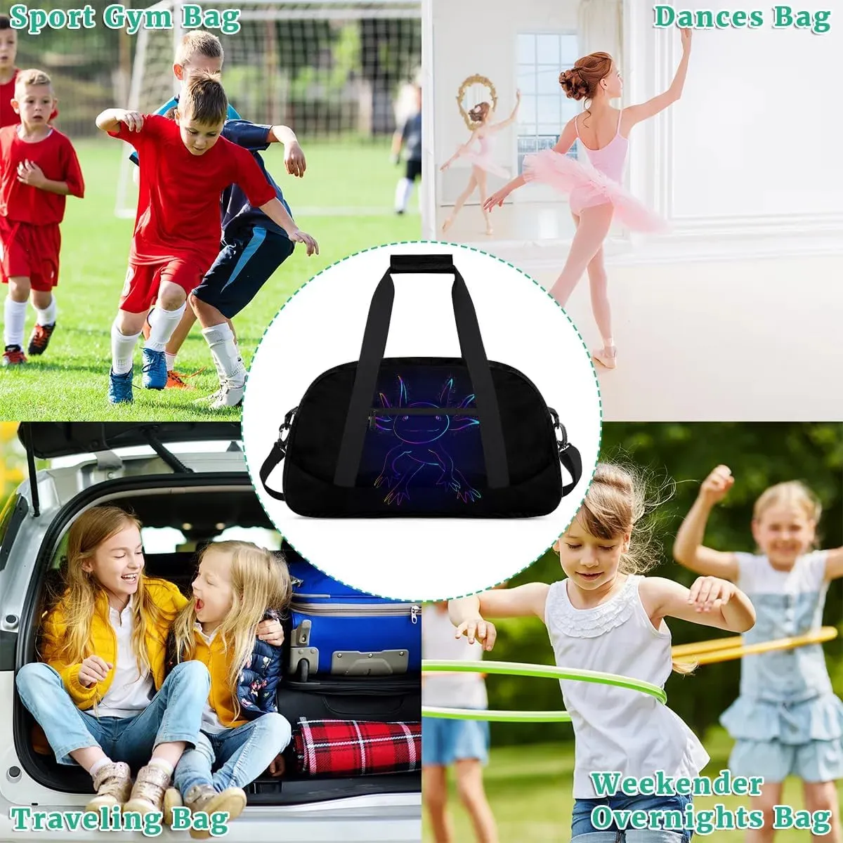 Kids Overnighter Duffel Bags for Boys Girls, Carry-On Size Sports Gym Bag for School Practice or Overnight Travel Weekender Sleepover Workout Tote Bag, Blue Axolotl
