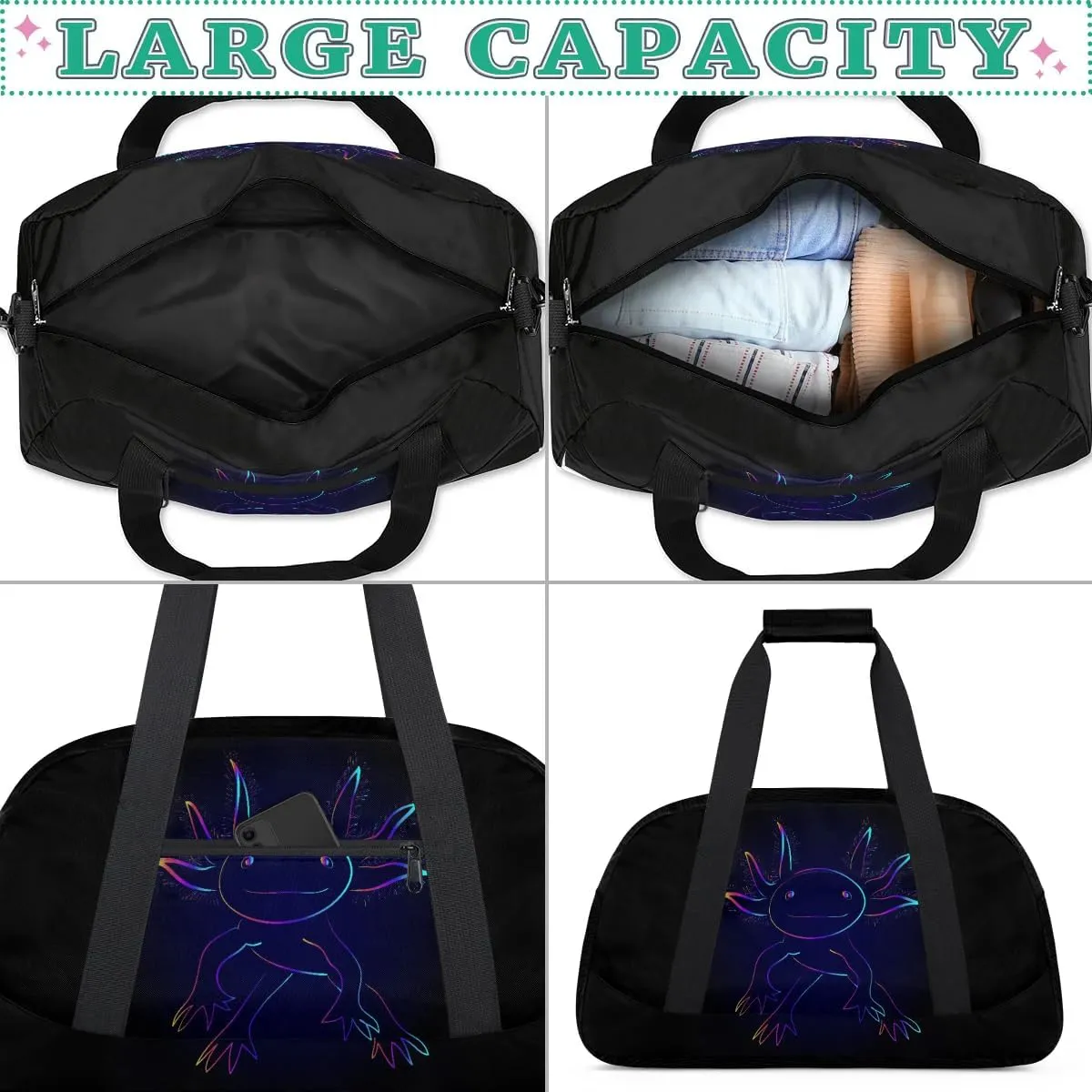 Kids Overnighter Duffel Bags for Boys Girls, Carry-On Size Sports Gym Bag for School Practice or Overnight Travel Weekender Sleepover Workout Tote Bag, Blue Axolotl