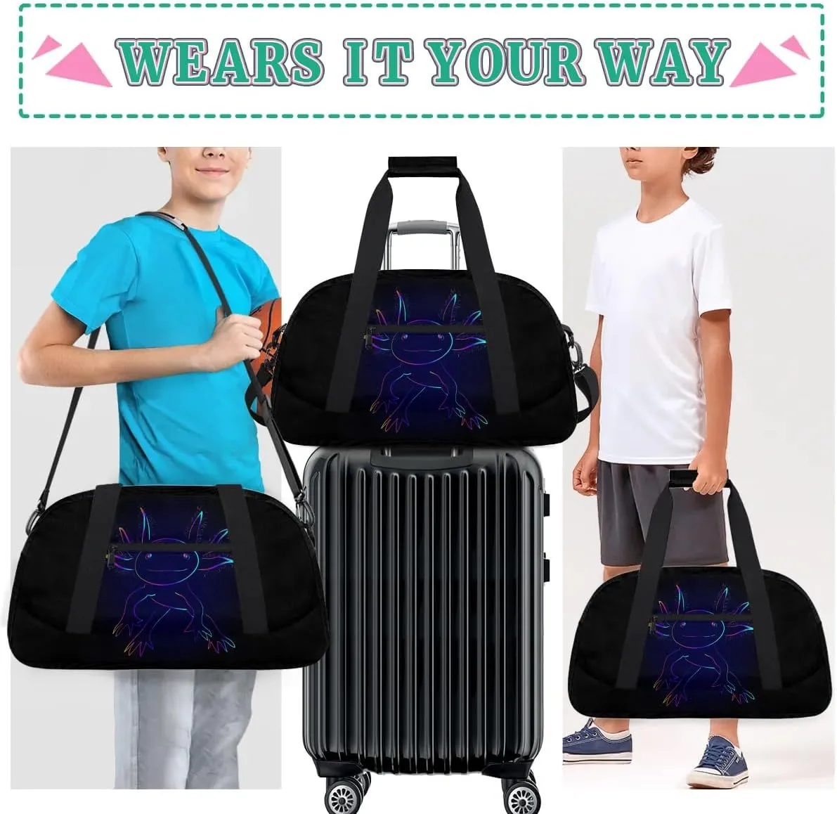 Kids Overnighter Duffel Bags for Boys Girls, Carry-On Size Sports Gym Bag for School Practice or Overnight Travel Weekender Sleepover Workout Tote Bag, Blue Axolotl