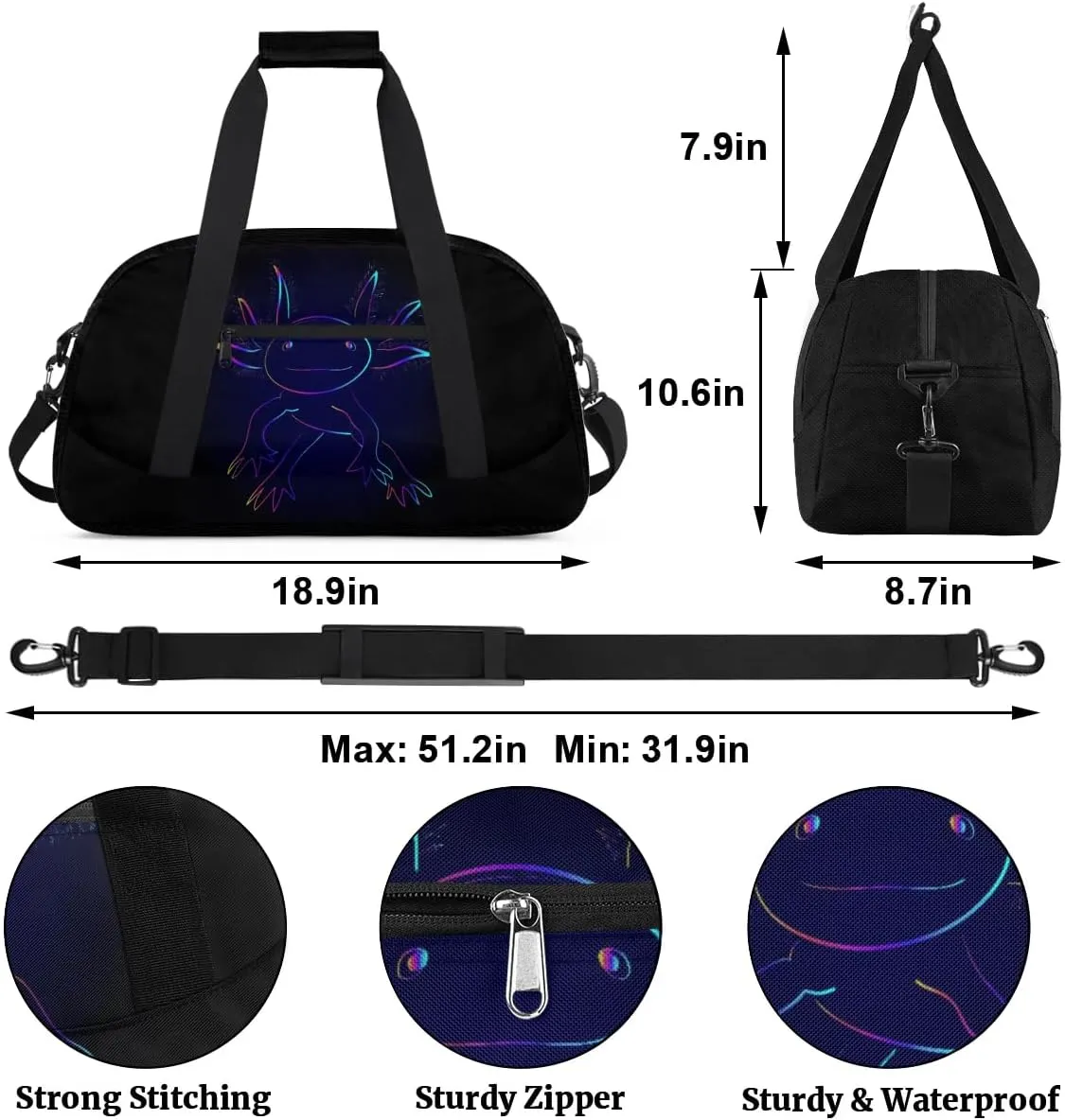 Kids Overnighter Duffel Bags for Boys Girls, Carry-On Size Sports Gym Bag for School Practice or Overnight Travel Weekender Sleepover Workout Tote Bag, Blue Axolotl