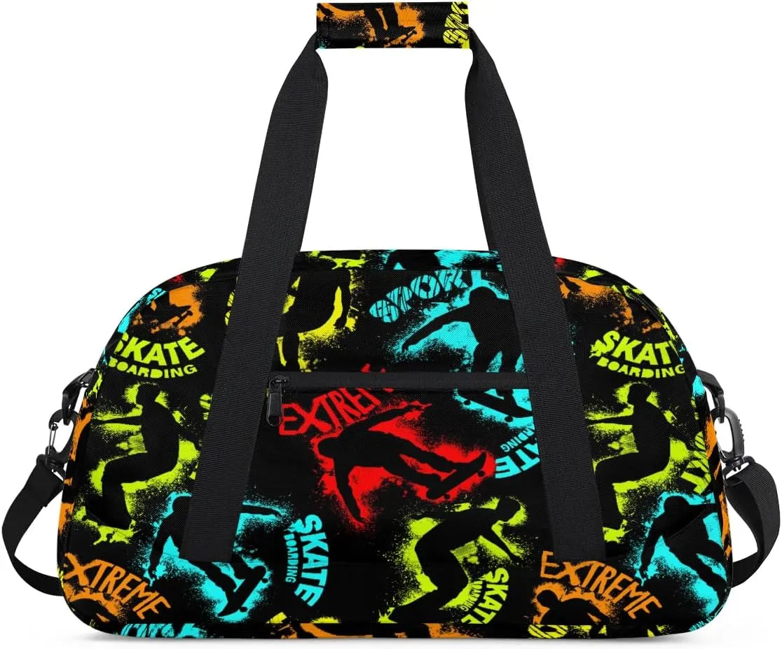 Kids Overnighter Duffel Bags for Boys Girls, Skateboarding Carry-On Size Sports Gym Bag for School Practice or Overnight Travel Weekender Sleepover Workout Tote Bag