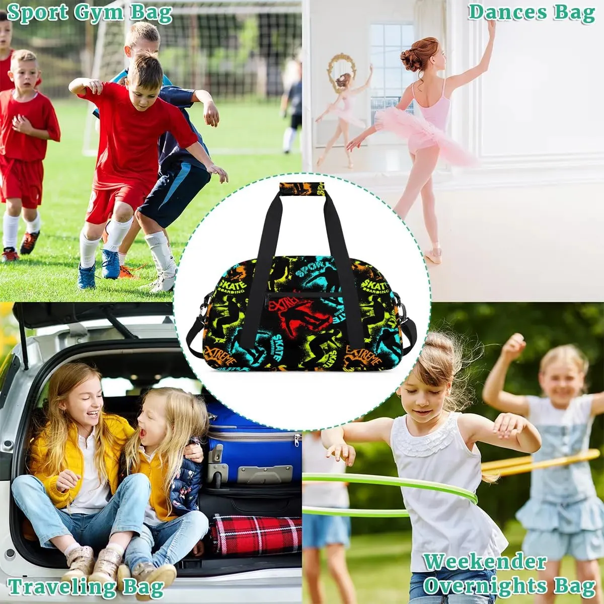Kids Overnighter Duffel Bags for Boys Girls, Skateboarding Carry-On Size Sports Gym Bag for School Practice or Overnight Travel Weekender Sleepover Workout Tote Bag