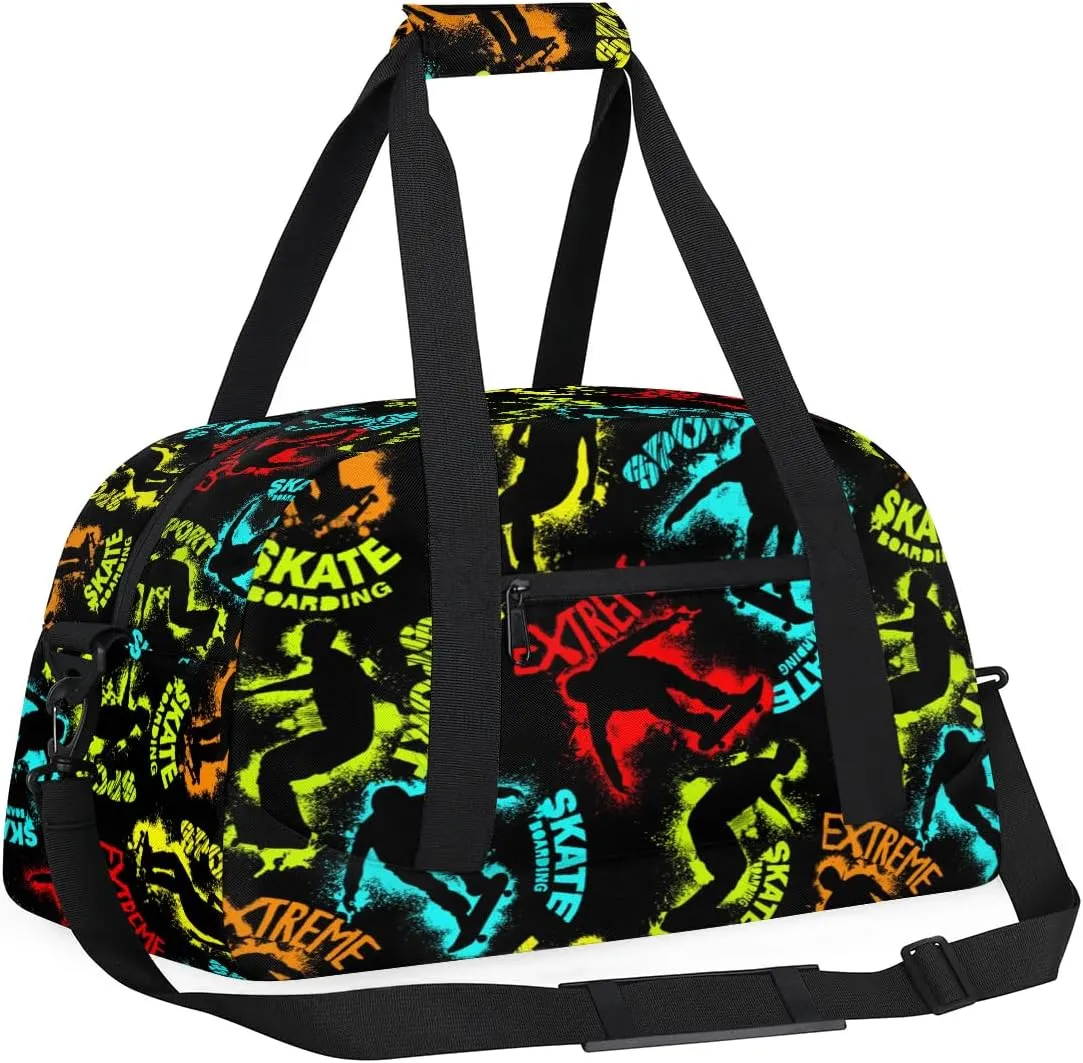 Kids Overnighter Duffel Bags for Boys Girls, Skateboarding Carry-On Size Sports Gym Bag for School Practice or Overnight Travel Weekender Sleepover Workout Tote Bag