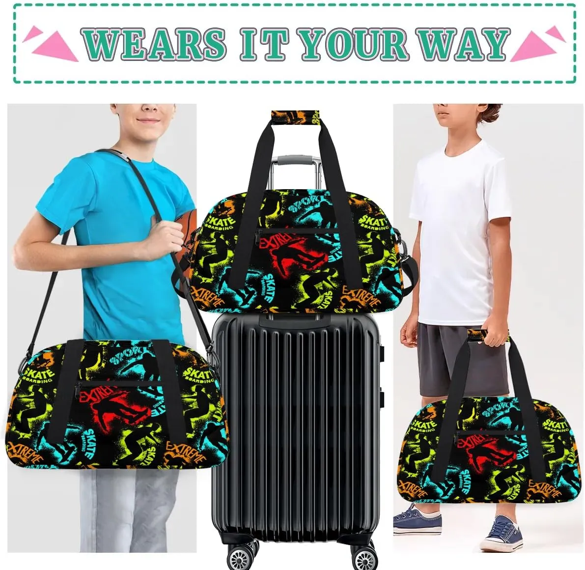 Kids Overnighter Duffel Bags for Boys Girls, Skateboarding Carry-On Size Sports Gym Bag for School Practice or Overnight Travel Weekender Sleepover Workout Tote Bag