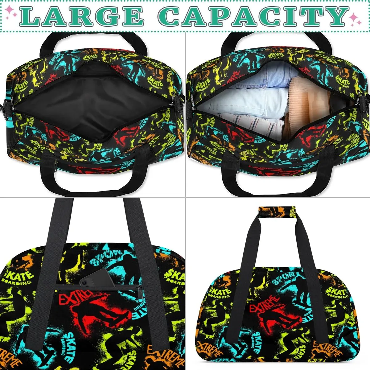 Kids Overnighter Duffel Bags for Boys Girls, Skateboarding Carry-On Size Sports Gym Bag for School Practice or Overnight Travel Weekender Sleepover Workout Tote Bag