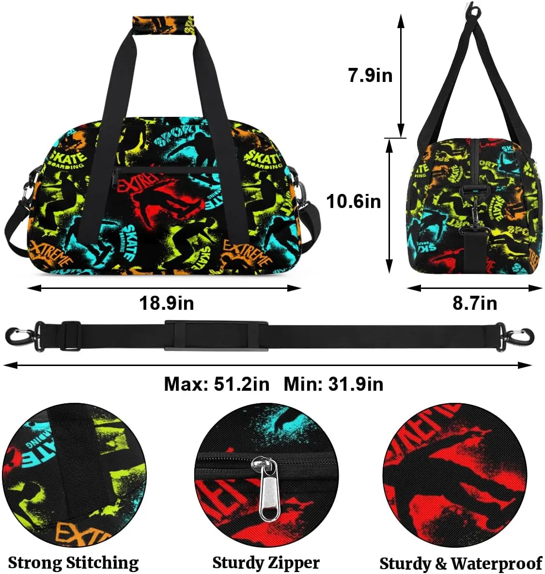 Kids Overnighter Duffel Bags for Boys Girls, Skateboarding Carry-On Size Sports Gym Bag for School Practice or Overnight Travel Weekender Sleepover Workout Tote Bag
