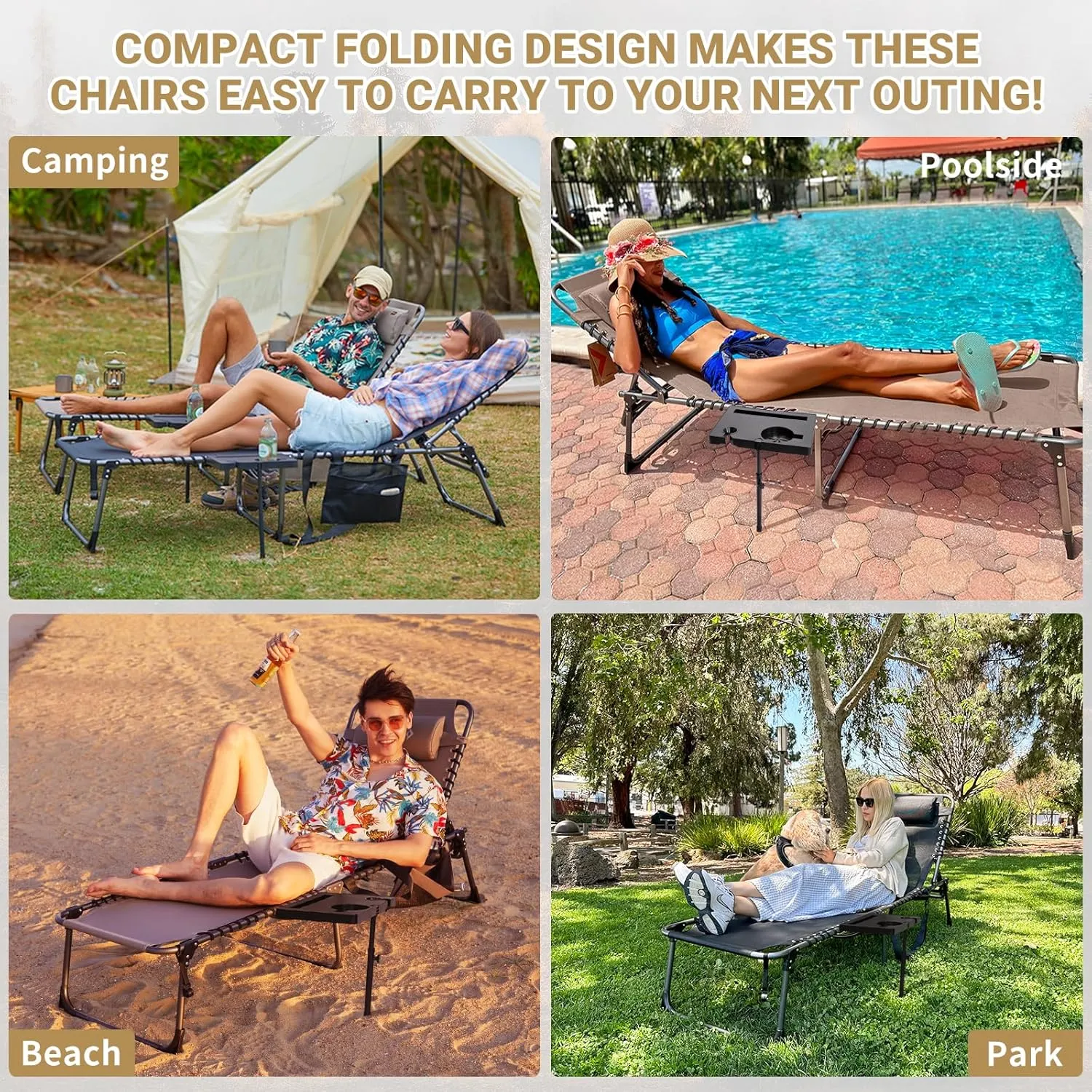 KingCamp 2 Pack Folding Lounge Chair, 5-Position Portable Outdoor Chaise Lounges Pool Chairs with Side Table & Removable Pillow for Outside Patio Beach Camping Poolside Sun Tanning (Beige)