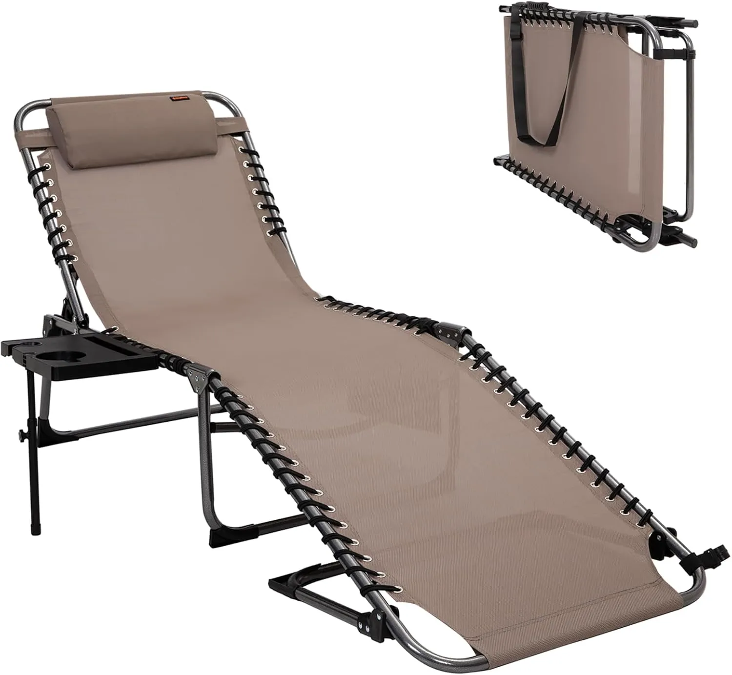 KingCamp 2 Pack Folding Lounge Chair, 5-Position Portable Outdoor Chaise Lounges Pool Chairs with Side Table & Removable Pillow for Outside Patio Beach Camping Poolside Sun Tanning (Beige)