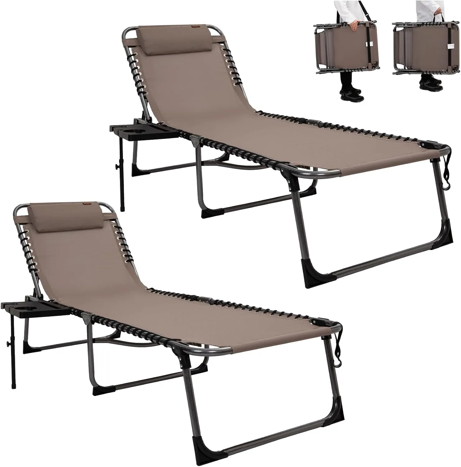 KingCamp 2 Pack Folding Lounge Chair, 5-Position Portable Outdoor Chaise Lounges Pool Chairs with Side Table & Removable Pillow for Outside Patio Beach Camping Poolside Sun Tanning (Beige)