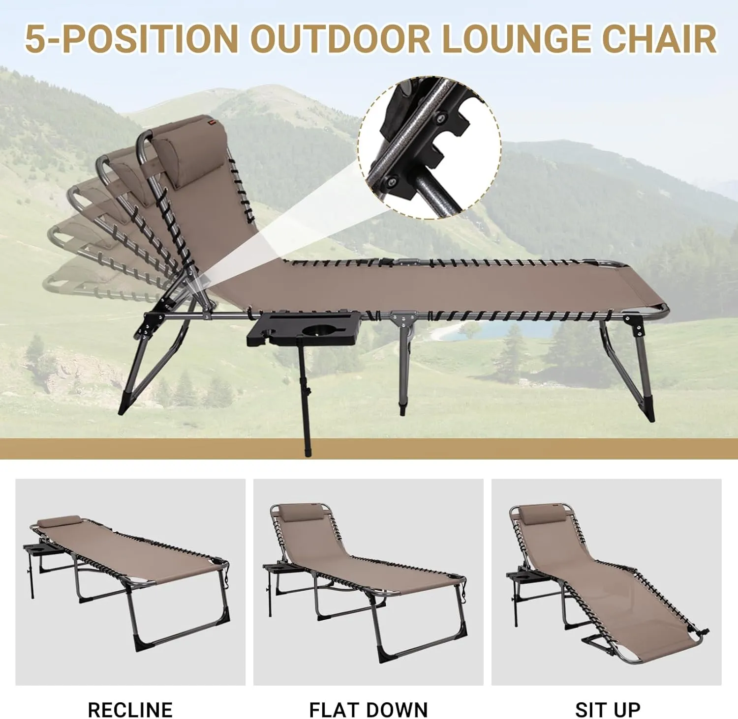 KingCamp 2 Pack Folding Lounge Chair, 5-Position Portable Outdoor Chaise Lounges Pool Chairs with Side Table & Removable Pillow for Outside Patio Beach Camping Poolside Sun Tanning (Beige)