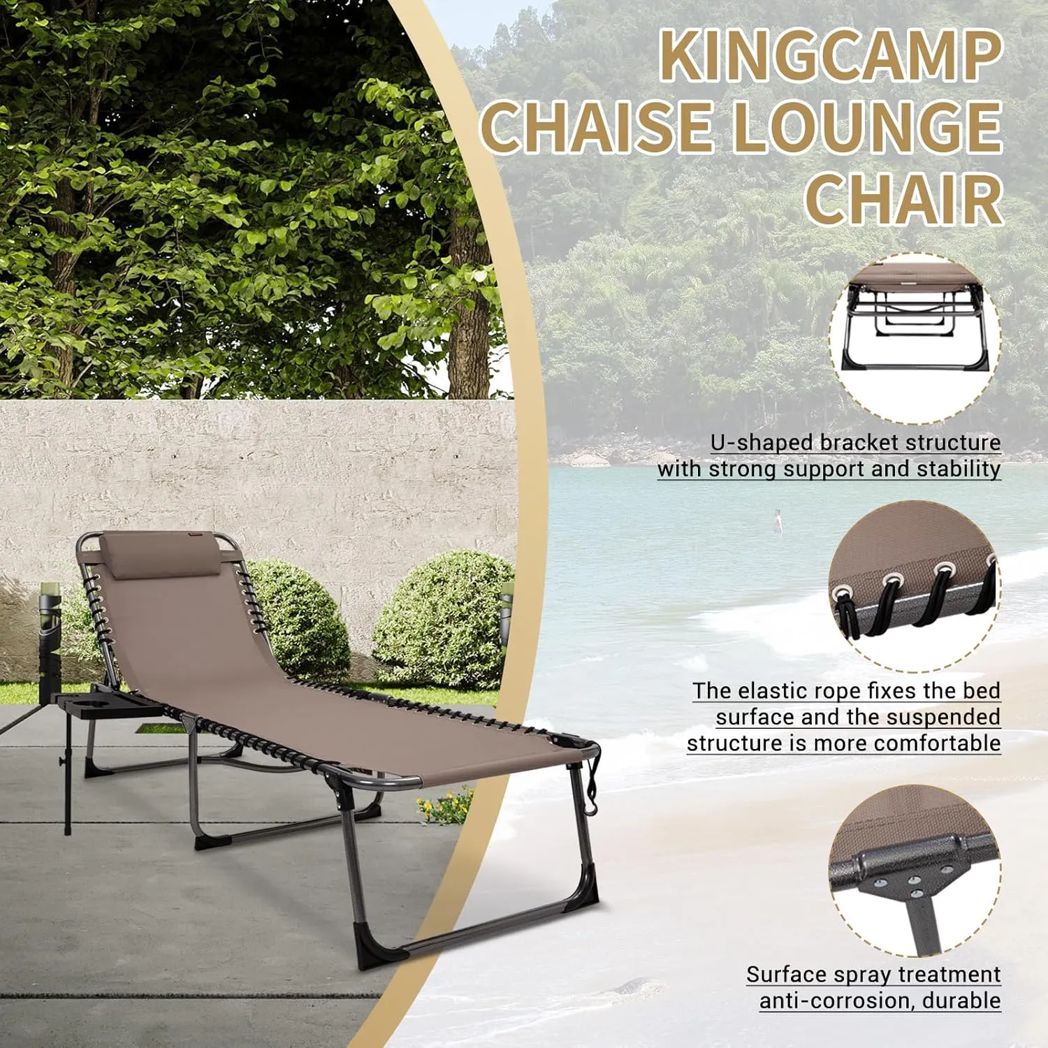 KingCamp 2 Pack Folding Lounge Chair, 5-Position Portable Outdoor Chaise Lounges Pool Chairs with Side Table & Removable Pillow for Outside Patio Beach Camping Poolside Sun Tanning (Beige)