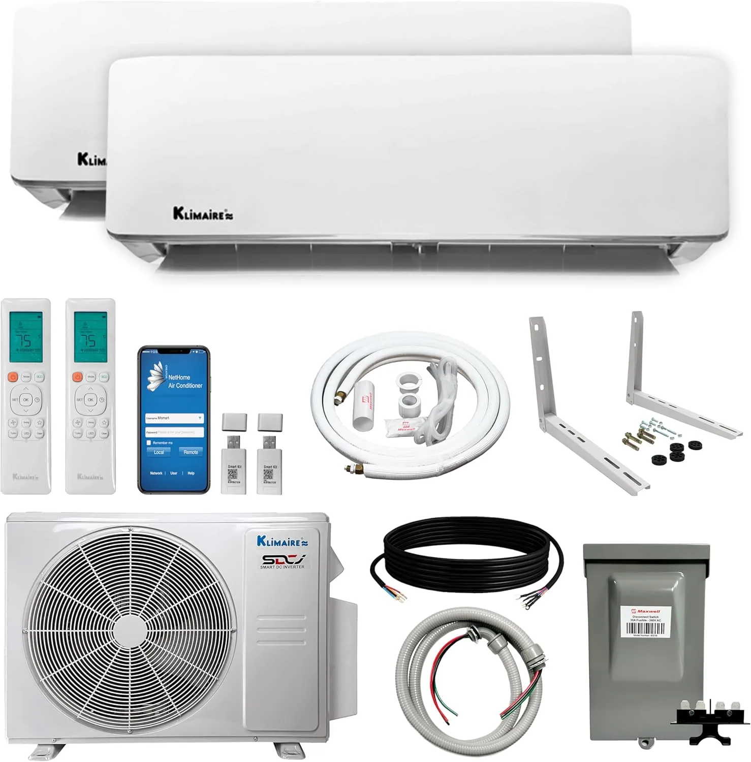 Klimaire 2-Zone 21 SEER2 Wall Mounted Ductless Mini-Split 18,000 BTU Heat Pump Air Conditioner with All-Inclusive Installation Kits (12,000   12,000 BTU)