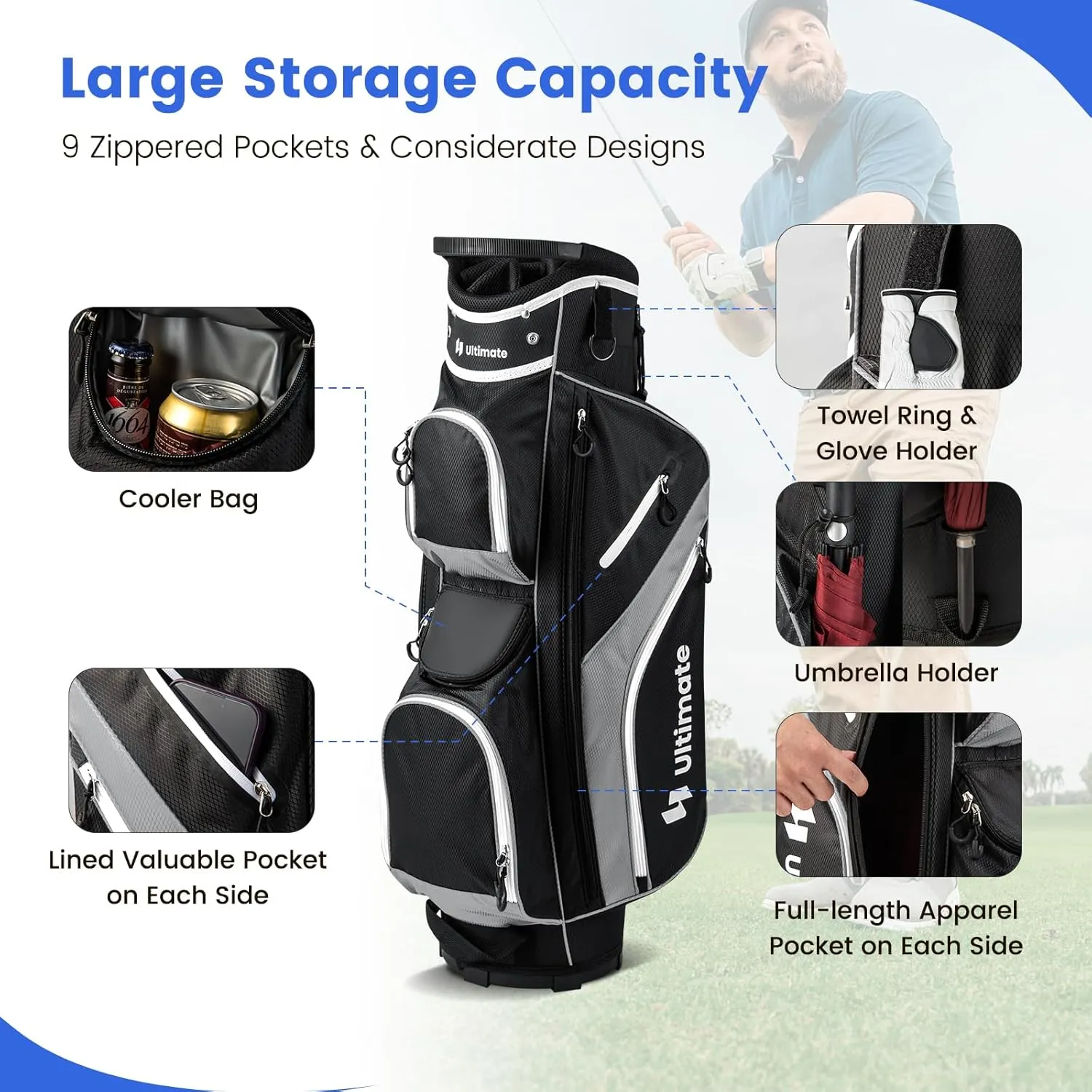 KOTEK Golf Cart Bag, 14 Way Organizer Divider Golf Club Bag with 9 Pockets, Cooler Bag, Rain Cover, Adjustable & Detachable Dual Shoulder Straps, Lightweight Cart Golf Bag for Men & Women
