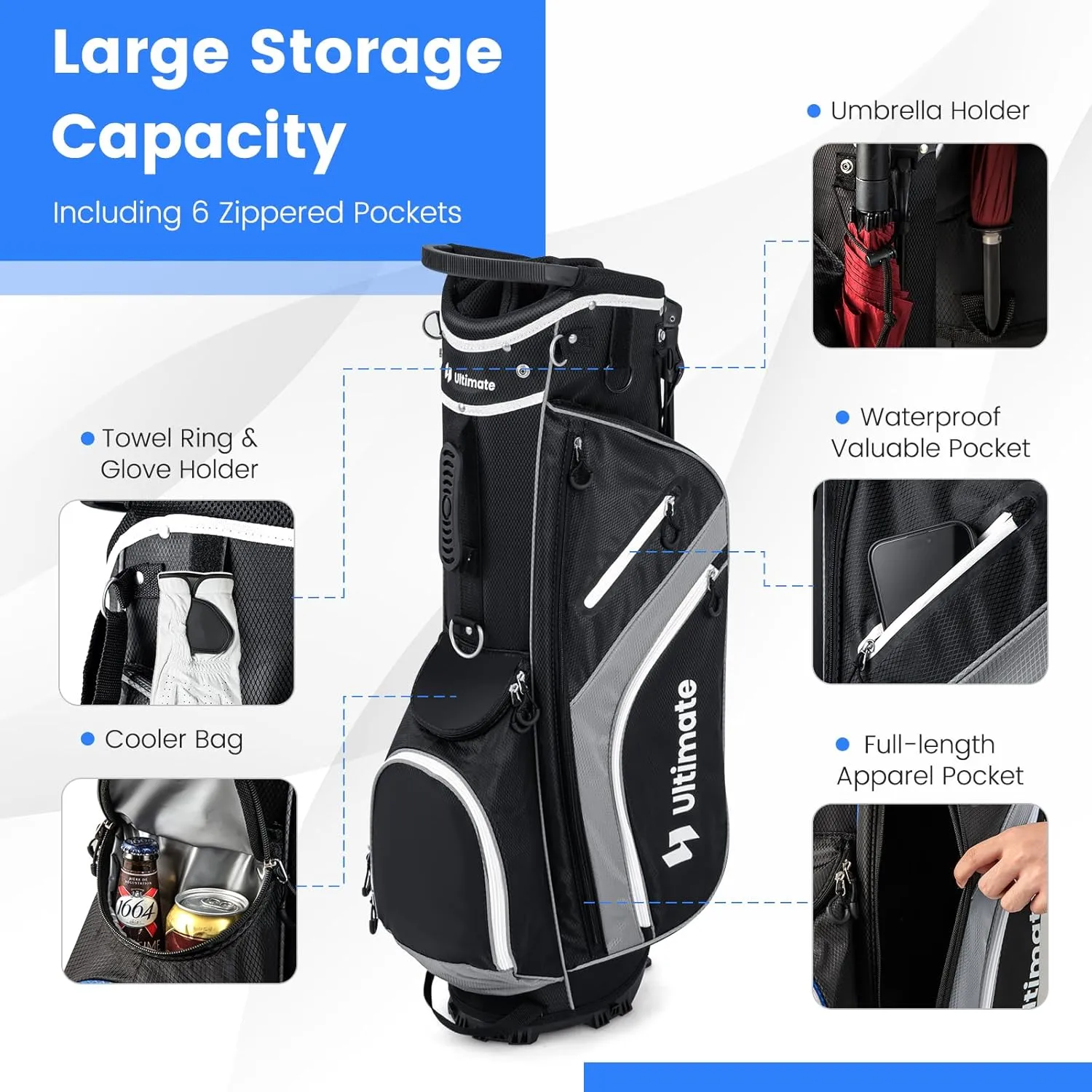 KOTEK Golf Stand Bag, 14 Way Top Divider Golf Club Bag with Cooler, 6 Zippered Pockets, Rain Hood & Adjustable Dual Shoulder Straps, Lightweight Golf Bag for Men Women