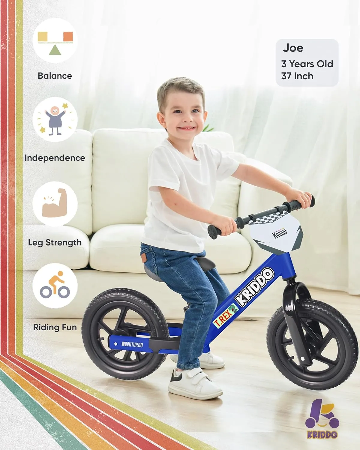 KRIDDO Balance Bike 2 Year Old, Toddler Balance Bike for Kids Aged 2-5, with DIY Colorful Stickers, Non-Slip Sporty Footrest, Racing-Style Frame, Gift for 2-4 Boys and Girls