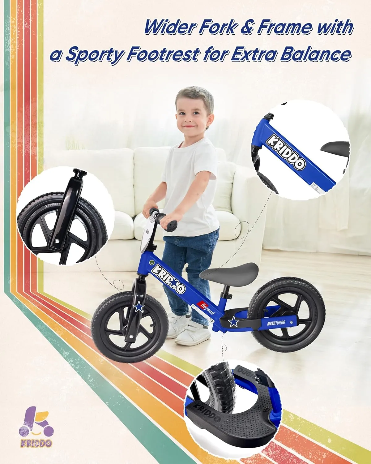 KRIDDO Balance Bike 2 Year Old, Toddler Balance Bike for Kids Aged 2-5, with DIY Colorful Stickers, Non-Slip Sporty Footrest, Racing-Style Frame, Gift for 2-4 Boys and Girls