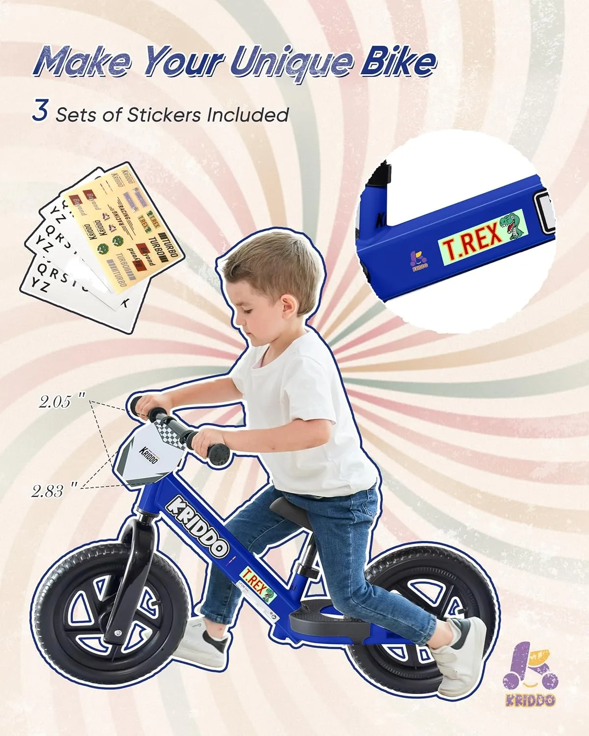 KRIDDO Balance Bike 2 Year Old, Toddler Balance Bike for Kids Aged 2-5, with DIY Colorful Stickers, Non-Slip Sporty Footrest, Racing-Style Frame, Gift for 2-4 Boys and Girls