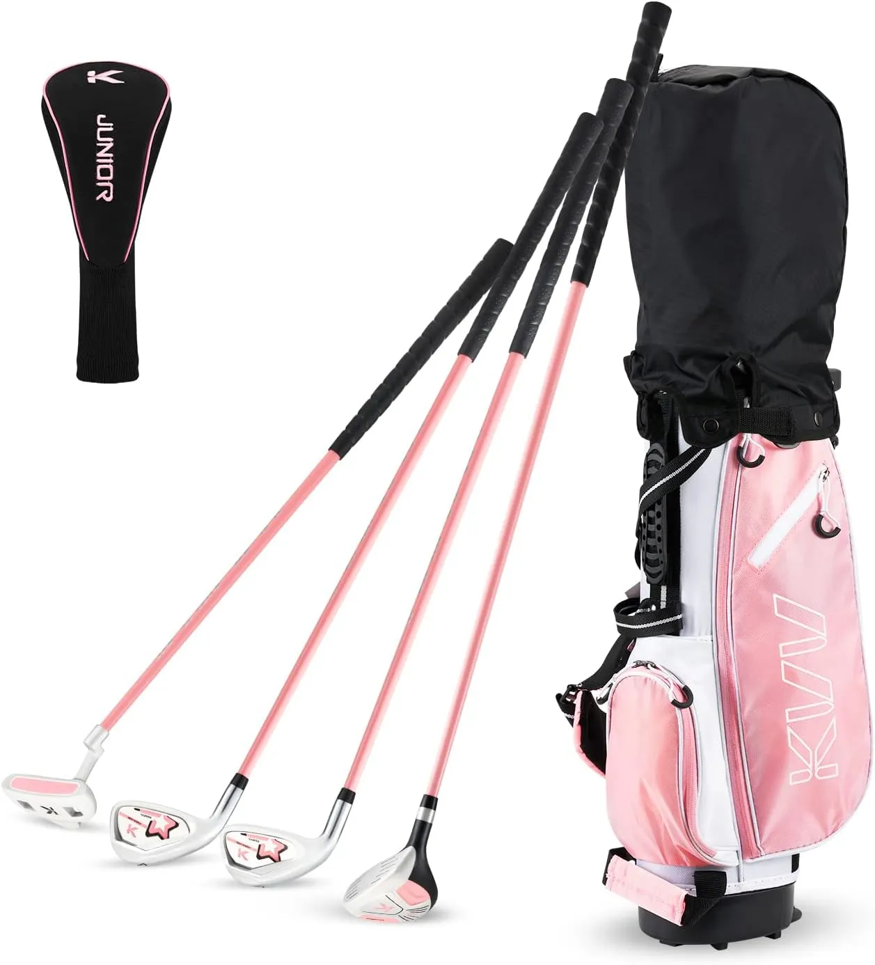 KVV Junior Complete Golf Club Set for Kids/Children Right Hand, Includes Oversize Driver, Irons, Putter, Head Cover, Portable Golf Stand Bag